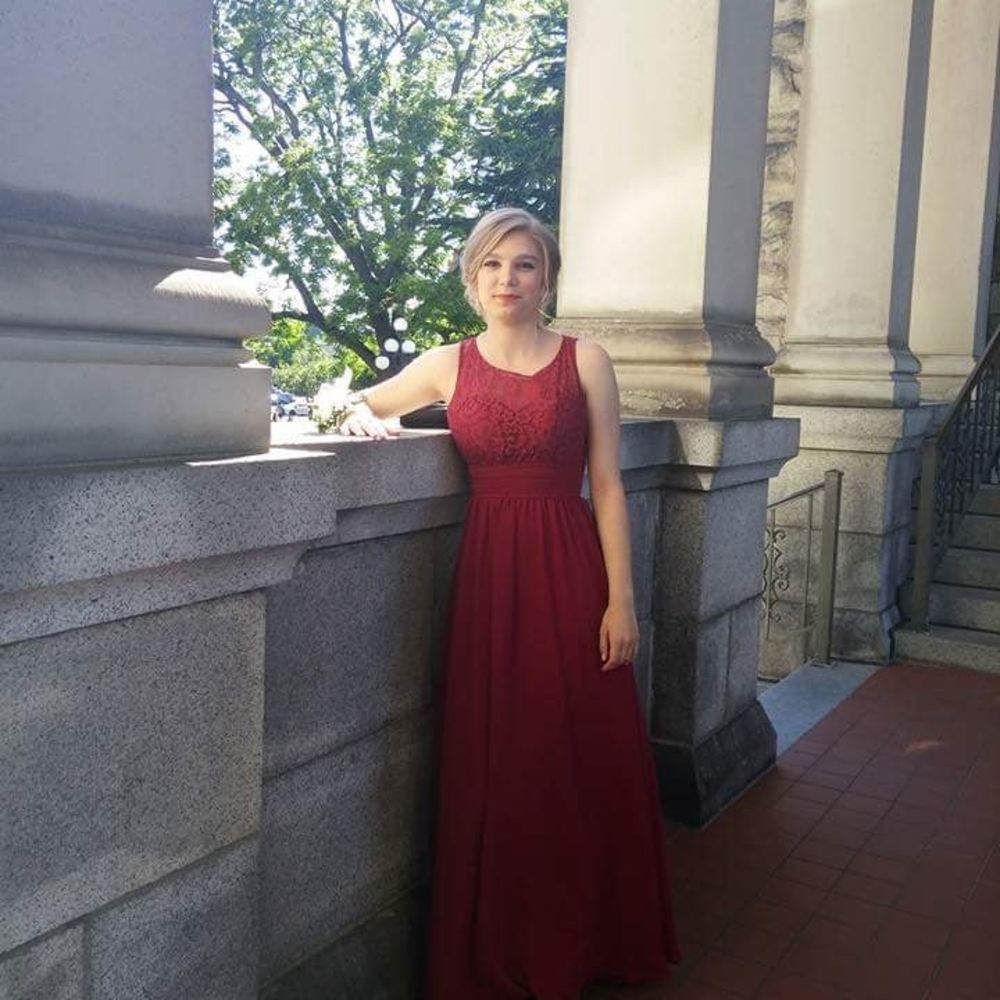 Christina Wu Red Sleeveless Scoop Neck Gown